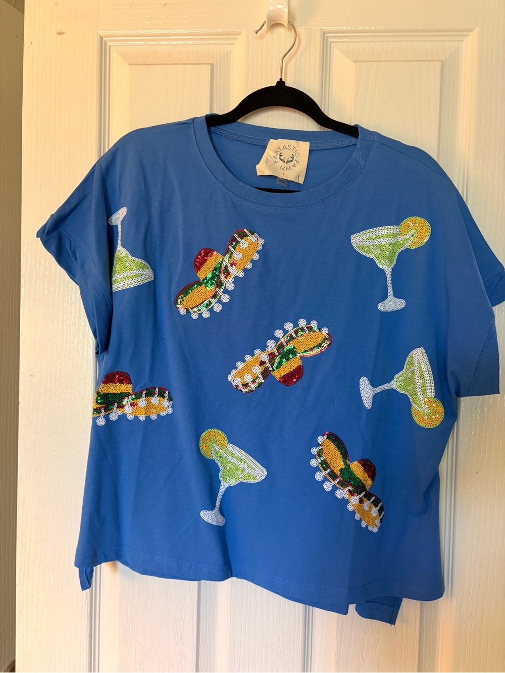 Basic Editions Blue Short Sleeve Tee with Sequin Sombrero & Margarita Motifs